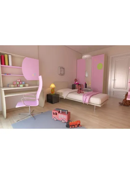 A bright and cheerful girl's room in shades of pink. The space is designed to be practical, with a dedicated study area and simple, modern furniture.