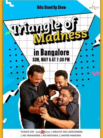 The poster for "Triangle of Madness," an Odia stand-up comedy show bringing regional humor to our Bangalore stage.