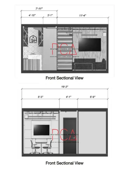 Front sectional views of the StyleIn Homes office. These architectural drawings provide a clear understanding of the vertical space, dimensions, and the relationship between different interior elements, crucial for precise construction.