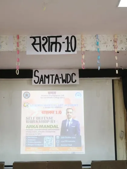 The stage is set for our 'Sashakt 1.0' self-defense workshop at Sri Aurobindo College. We work closely with student bodies like the Samta-WDC to create impactful events.