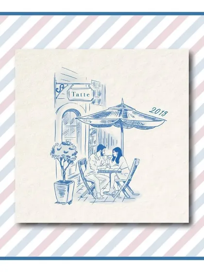 A cherished memory from their journey, this illustration captures the couple on a date at a favorite café. These personal vignettes are what make a love story invitation so special.