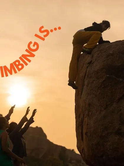 A duplicate of 59, this powerful silhouette against the sun emphasizes the aspirational and rewarding nature of climbing with a supportive group.