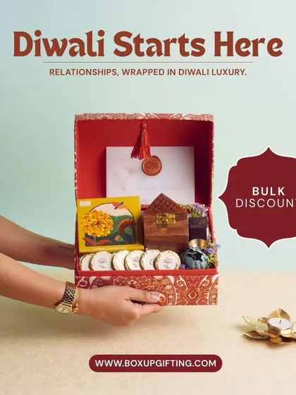 Diwali starts here. This image showcases one of our premium hampers in a reusable chest, filled with goodies. We are open for bulk orders to make your festive season brighter.