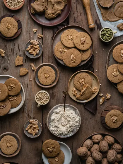 The full, uncropped version of the stunning jowar walnut cookie flatlay.