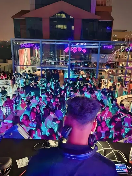 The view from my console is the best in the house. Overlooking a massive crowd at Skyye during a Sunday sundowner.