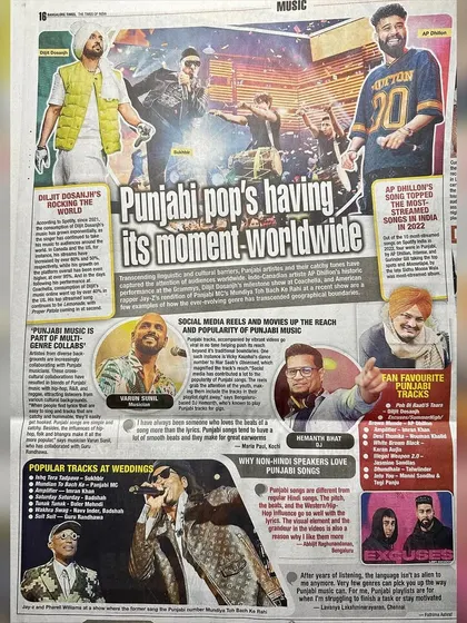 I was thrilled to be featured in this Times of India (Bangalore Times) article about the worldwide rise of Punjabi pop music.