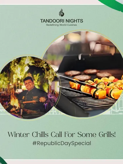 Winter chills call for some grills. This image captures the warmth and excitement of a live barbecue station, perfect for a festive get-together.