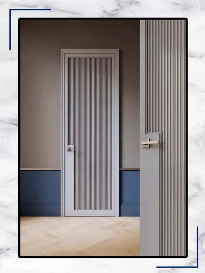 We create personalized homes with timeless elegance. This design concept shows a modern door with vertical grooves, blending seamlessly into a textured wall.