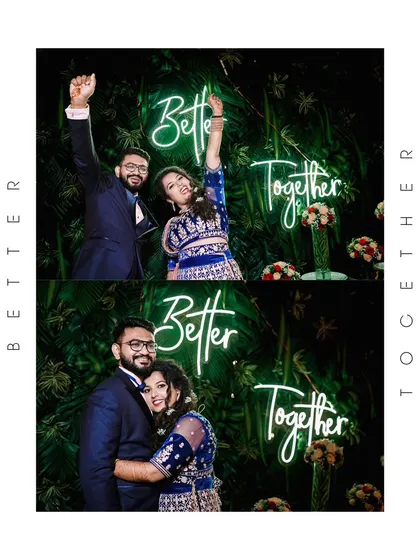 A fun and celebratory collage of the couple posing in front of a "Better Together" neon sign at their reception.