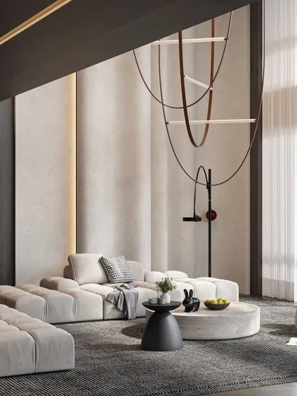 A duplicate of 62, this image continues to showcase the serene and sophisticated design of the double-height living room, emphasizing the play of light and texture.