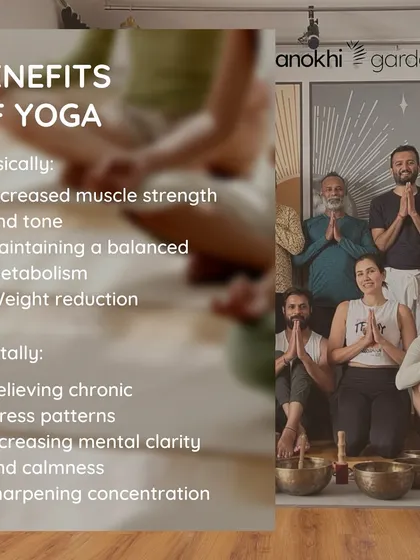 An informational graphic listing the physical and mental benefits of a consistent yoga practice. From increased muscle strength to relieving chronic stress, yoga supports holistic wellness.