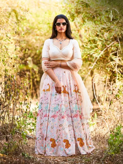 Styled with modern sunglasses, this lehenga shows how you can bring your own personality to my rental pieces. Fashion is meant to be fun.