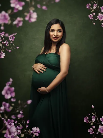 Framed by delicate purple blossoms, this portrait has a magical, garden-like feel. The deep green of her dress contrasts beautifully with the flowers.