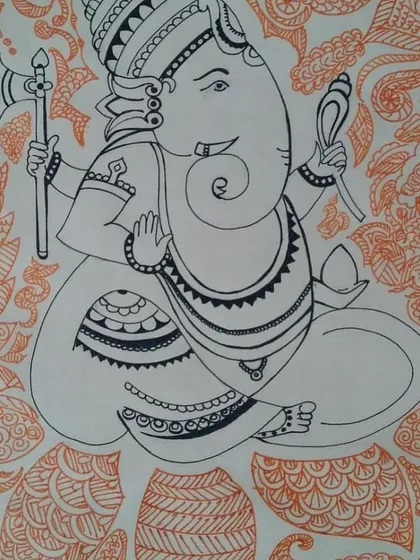 This Ganesha doodle is a perfect example of how we combine drawing with intricate pattern work. The student first drew the main figure and then filled the background with beautiful, detailed designs. It is a very relaxing and rewarding process.