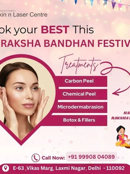 Look your best this Raksha Bandhan with our special treatments. This graphic highlights our popular services like Carbon Peel, Chemical Peel, Microdermabrasion, and Botox & Fillers to help you get a festive glow.
