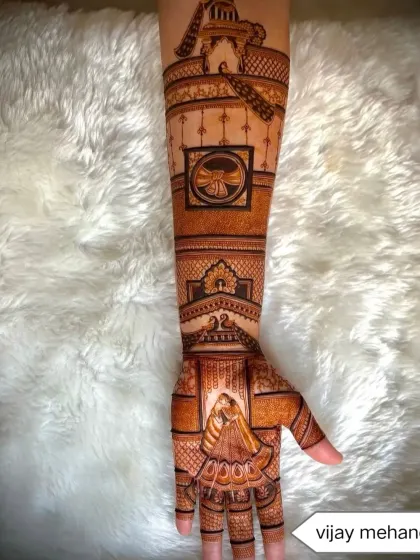 A full view of the bridal doli design, showing how the story unfolds from the palm to the elbow.