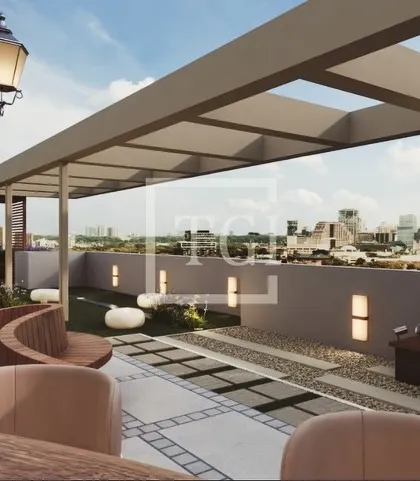 This render for the Goregaon project features a classic European-style street lamp, a curved bench, and a modern sculpture, creating an eclectic and artistic space.