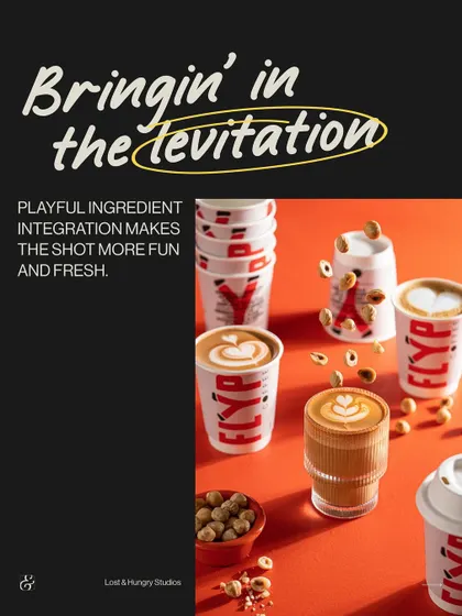 A conceptual shot for Flyp Coffee featuring levitating hazelnuts. This playful technique adds a sense of magic and fun to the image, making the coffee and its ingredients feel more dynamic.