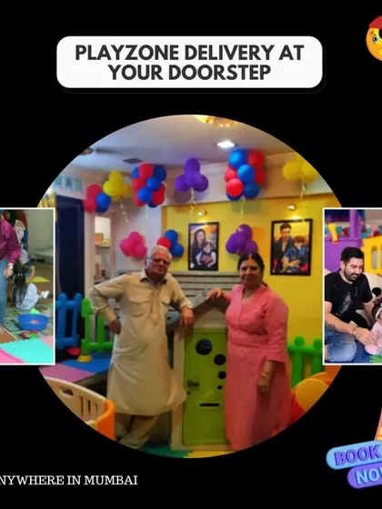 Playzone delivery right to your doorstep, anywhere in Mumbai. This collage shows happy families and grandparents enjoying the play area with their little ones, creating precious multi-generational memories.