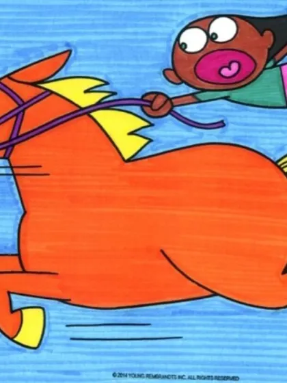 This dynamic drawing of a person riding a horse at full speed teaches action and movement. Our cartooning workshops cover everything from character creation to storytelling.