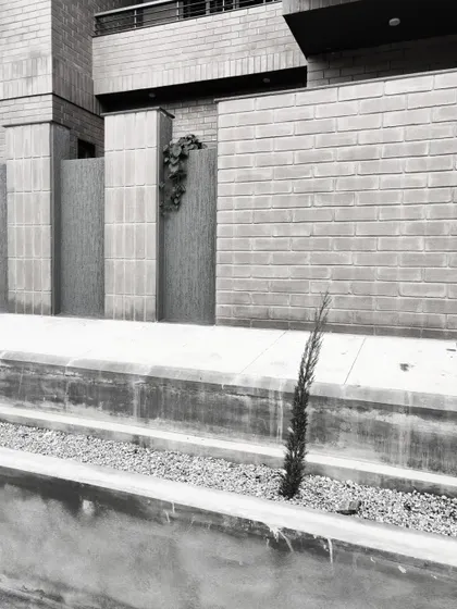 The clean lines of the compound wall and landscaping details in black and white.