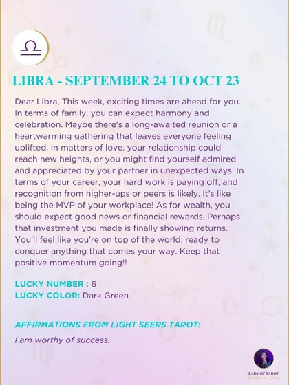 Exciting times are ahead for Libra this week. You can expect harmony in your family, new heights in love, and recognition at work. Your hard work is paying off, and good news is on the way.