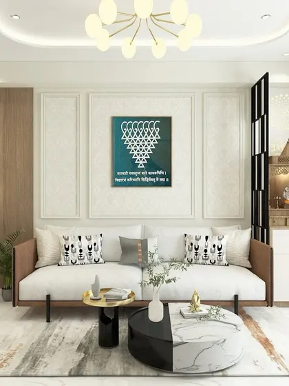 This living room design combines modern furniture with traditional elements. A sleek sofa and a contemporary coffee table are complemented by a beautiful Shri Yantra artwork and a compact pooja mandir, creating a space that feels both modern and soulful.