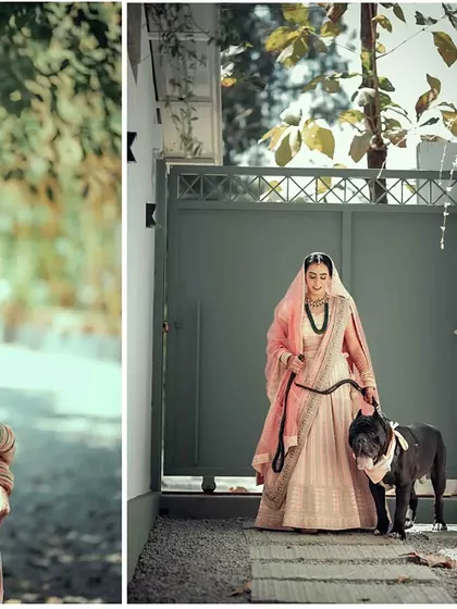 A unique bridal portrait showing the bride in her elegant lehenga walking her dog, a sweet and personal touch to the wedding album.