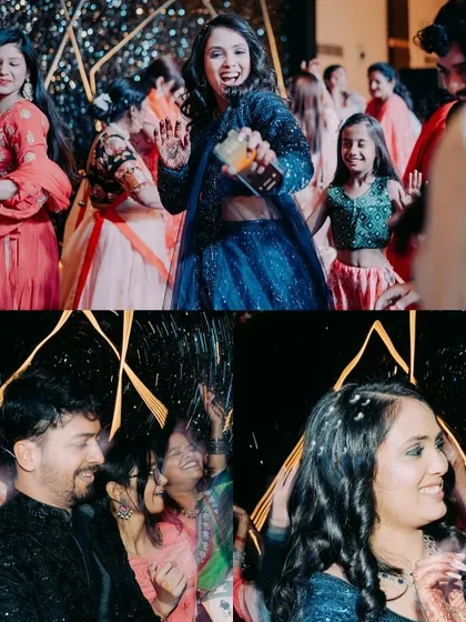 The dance floor is where the memories are made. This collage captures the pure, uninhibited joy of the bride and guests dancing their hearts out during the Sangeet.