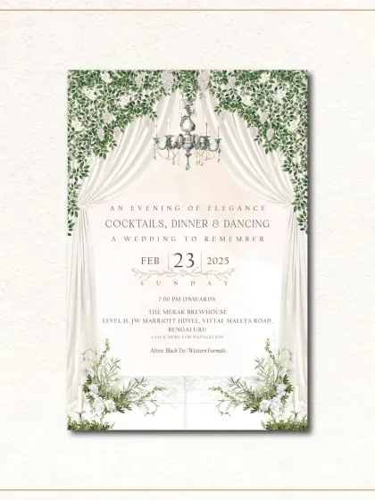 An elegant e-invitation for a classic wedding reception. The design features a beautiful illustration of a crystal chandelier and white floral drapery, perfectly capturing the "evening of elegance" theme.