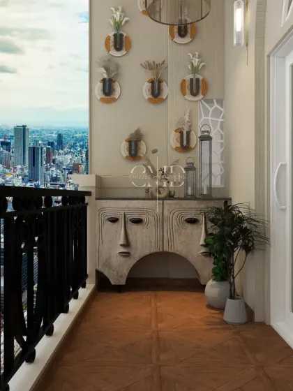A unique mask-faced console serves as an eye-catching accent piece, complemented by custom wall planters.
