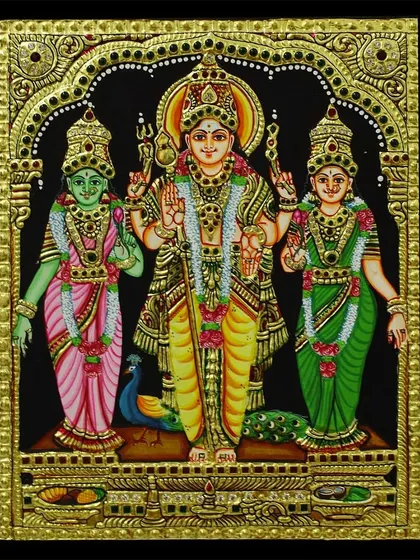 An unframed, full view of the Murugan with Valli and Devayani Tanjore painting. The composition is balanced and rich with symbolism, capturing the divine essence of the deities.