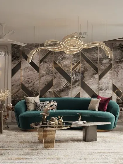 Stylish vibes for a lavish life. This living room features a stunning geometric marble wall, a curved teal sofa, and a modern chandelier, blending bold patterns and colors for a vibrant, contemporary feel.