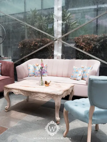 We created a chic and comfortable lounge area for this Mehendi using pastel-colored sofas and chairs. The setup was perfect for guests to relax, chat, and enjoy the festivities.