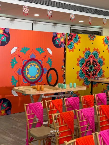 A fun and games area at the Mehendi, with colorful backdrops and traditional Indian game setups.
