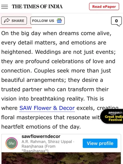 A quote from our Times of India feature, explaining our philosophy that weddings are profound celebrations of love, and our role is to create floral masterpieces that resonate with the heartfelt emotions of the day.