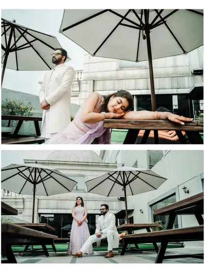 A collage of creative and relaxed poses from an engagement shoot, with the couple enjoying a quiet moment on an outdoor patio.