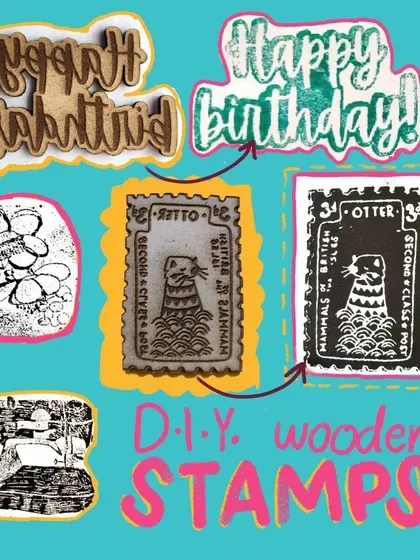 A collage of different wooden stamps made in our workshop, from "Happy Birthday" text to cute otter illustrations.