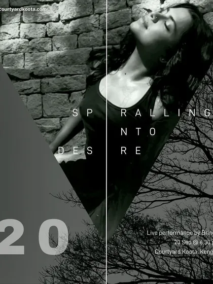 The poster for "Spiralling into Desire," a live performance by Brinda. The stark, black-and-white design hints at the intense and personal nature of the piece.