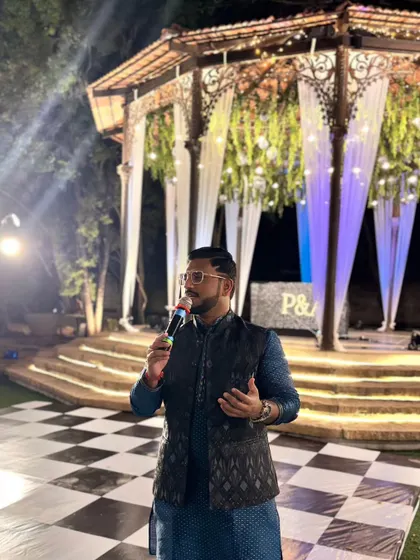 Another shot of me on the Sangeet stage, ready to host.