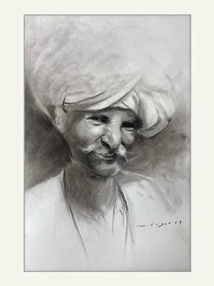 There is a unique power in charcoal, and this portrait of a Rajasthani man is a testament to it. Every line on his face tells a story, and I used deep shadows and subtle highlights to capture the essence of his character and the pride in his eyes.