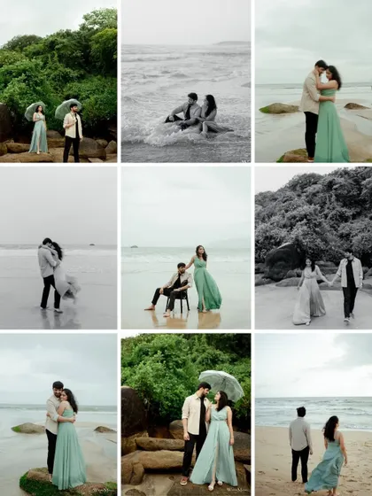 This collage captures the many moods of a Goan pre-wedding shoot. It showcases our ability to create variety, from playful rainy scenes to classic romantic portraits on the beach.