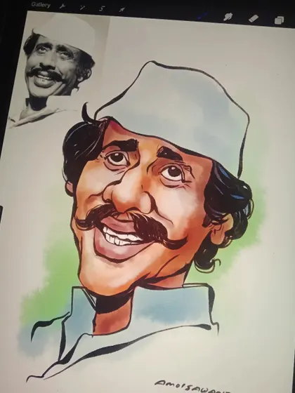 A colorful digital caricature of the legendary Marathi actor Nilu Phule, capturing his classic smile and style.