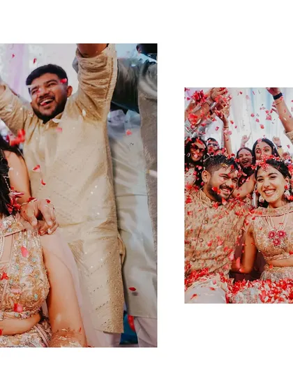 A collage showing the couple being showered with rose petals by their friends and family. The pure joy and energy of this moment are palpable.