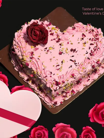A beautiful rose-pink heart-shaped cake, delicately frosted and sprinkled with edible rose petals and pistachios. A truly romantic and flavorful choice for your Valentine.