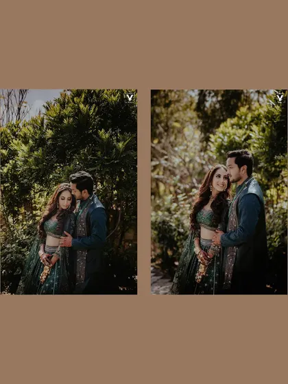 A two-panel collage showing a couple in elegant traditional wear, capturing both a candid moment and a romantic embrace in a sunlit garden.