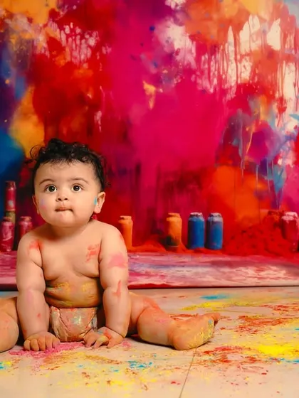This is what pure, uninhibited joy looks like. We love creating unique and colorful setups like this paint smash session, allowing your baby's personality to shine through in the most vibrant way possible.