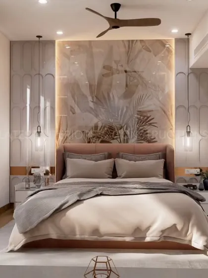 This bedroom design is inspired by nature, with a stunning botanical wallpaper behind the bed creating a serene and calming focal point. The natural light from the large window enhances the room's airy feel.