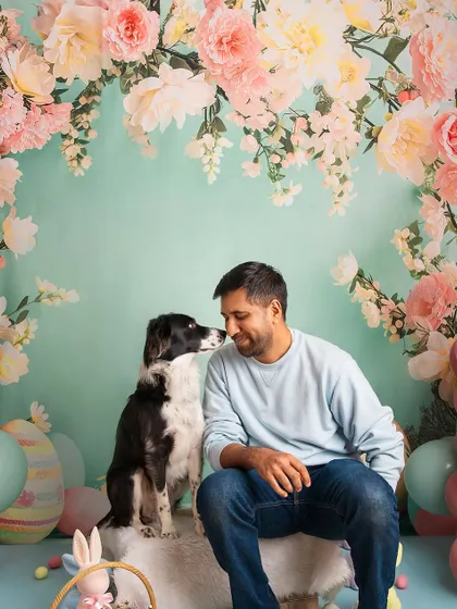 Sometimes, I get to be in front of the camera too! Here I am with my best girl, Fuji, during our Easter mini-session. Capturing these sweet, personal moments is why I started this journey.