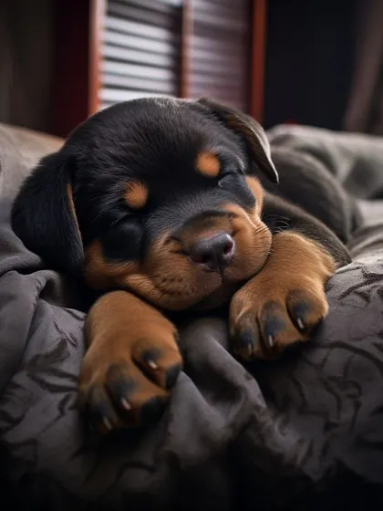 Sweet dreams are made of this. A tiny Rottweiler puppy curled up and sleeping soundly on one of our guest beds.